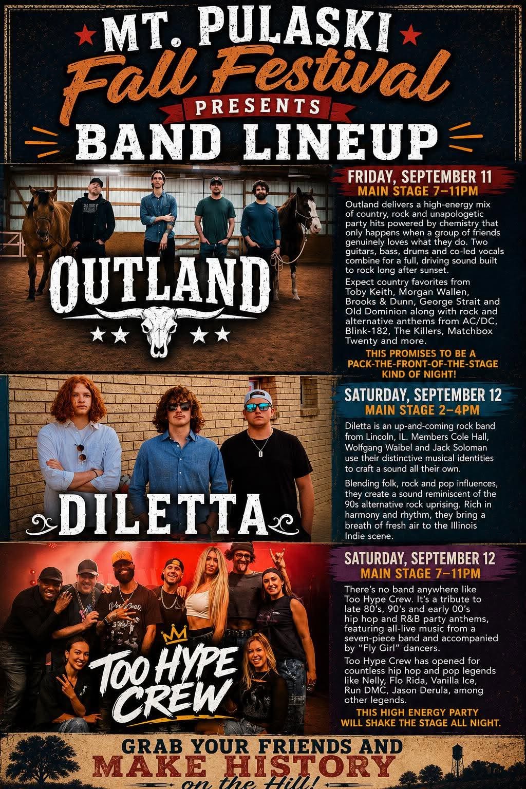 2026 Mt. Pulaski Fall Fest music lineup flyer